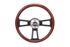 16" Steering Wheel (Wood Black SPOKE) Chrome 3-Spoke w/ Slot Cut Outs Chrome Horn Button - Logo