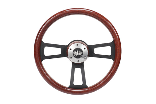 18” Steering Wheel (Wood Black SPOKE) Chrome 3-Spoke w/ Slot Cut Outs Chrome Horn Button Logo