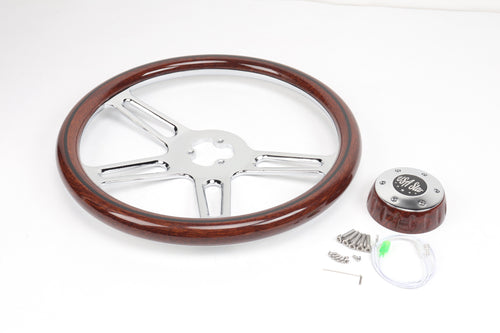 18” Steering Wheel Wood Chrome 4-Spoke w/ Slot Cut Outs Chrome Horn Button - Logo