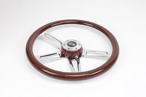 18” Steering Wheel Wood Chrome 4-Spoke w/ Slot Cut Outs Chrome Horn Button - Logo