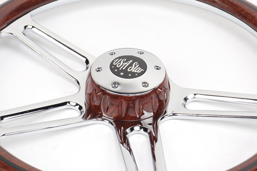 18” Steering Wheel Wood Chrome 4-Spoke w/ Slot Cut Outs Chrome Horn Button - Logo