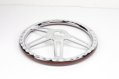 18” Steering Wheel Wood Chrome 4-Spoke w/ Slot Cut Outs Chrome Horn Button - Logo