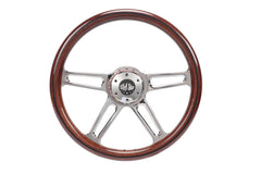 18” Steering Wheel Wood Chrome 4-Spoke w/ Slot Cut Outs Chrome Horn Button - Logo