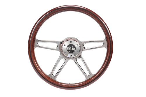 18” Steering Wheel Wood Chrome 4-Spoke w/ Slot Cut Outs Chrome Horn Button - Logo