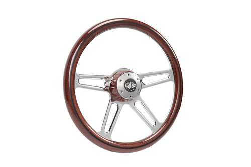 18” Steering Wheel Wood Chrome 4-Spoke w/ Slot Cut Outs Chrome Horn Button - Logo