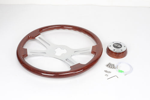 18” Steering Wheel Wood Chrome 4-Spoke w/ Slot Cut Outs Chrome Horn Button - Logo