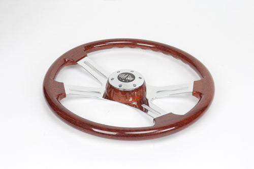 18” Steering Wheel Wood Chrome 4-Spoke w/ Slot Cut Outs Chrome Horn Button - Logo