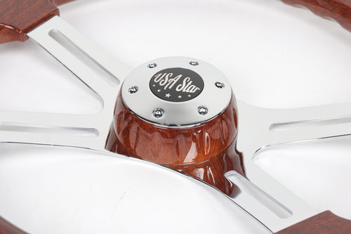 18” Steering Wheel Wood Chrome 4-Spoke w/ Slot Cut Outs Chrome Horn Button - Logo