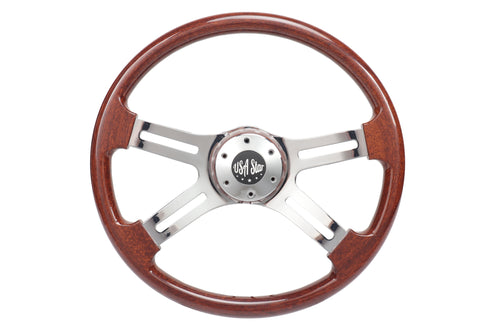 18” Steering Wheel Wood Chrome 4-Spoke w/ Slot Cut Outs Chrome Horn Button - Logo