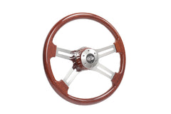 18” Steering Wheel Wood Chrome 4-Spoke w/ Slot Cut Outs Chrome Horn Button - Logo