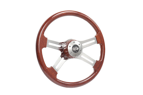 18” Steering Wheel Wood Chrome 4-Spoke w/ Slot Cut Outs Chrome Horn Button - Logo