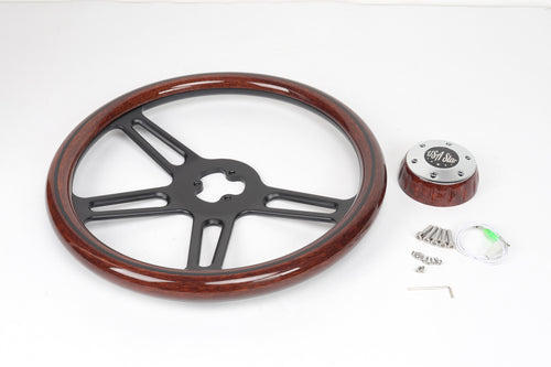 18" Steering Wheel (Wood Black SPOKE) Chrome 4-Spoke w/ Slot Cut Outs Chrome Horn Button - Logo