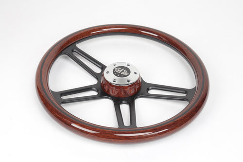 18" Steering Wheel (Wood Black SPOKE) Chrome 4-Spoke w/ Slot Cut Outs Chrome Horn Button - Logo