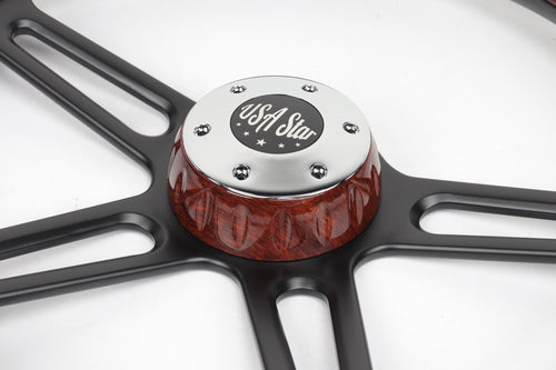 18" Steering Wheel (Wood Black SPOKE) Chrome 4-Spoke w/ Slot Cut Outs Chrome Horn Button - Logo