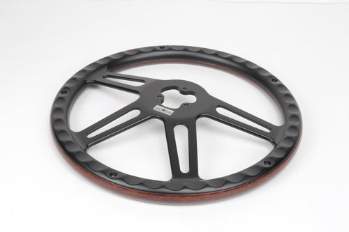 18" Steering Wheel (Wood Black SPOKE) Chrome 4-Spoke w/ Slot Cut Outs Chrome Horn Button - Logo