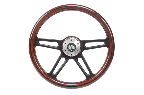 18" Steering Wheel (Wood Black SPOKE) Chrome 4-Spoke w/ Slot Cut Outs Chrome Horn Button - Logo