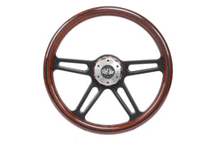 18" Steering Wheel (Wood Black SPOKE) Chrome 4-Spoke w/ Slot Cut Outs Chrome Horn Button - Logo