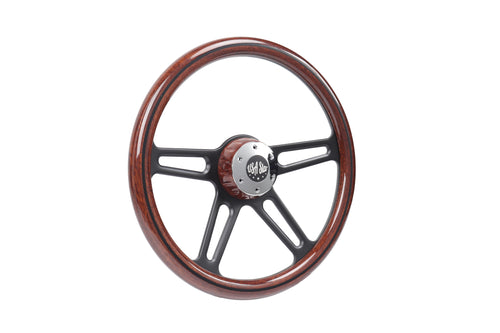 18" Steering Wheel (Wood Black SPOKE) Chrome 4-Spoke w/ Slot Cut Outs Chrome Horn Button - Logo
