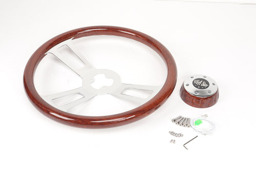 18” Steering Wheel Wood Chrome 3-Spoke w/ Slot Cut Outs Chrome Horn Button - Logo
