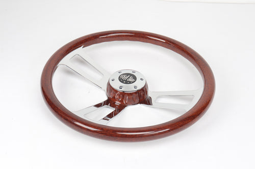 18” Steering Wheel Wood Chrome 3-Spoke w/ Slot Cut Outs Chrome Horn Button - Logo