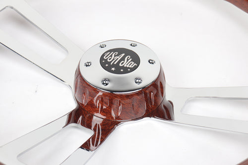 18” Steering Wheel Wood Chrome 3-Spoke w/ Slot Cut Outs Chrome Horn Button - Logo