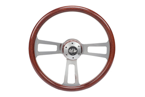 18” Steering Wheel Wood Chrome 3-Spoke w/ Slot Cut Outs Chrome Horn Button - Logo