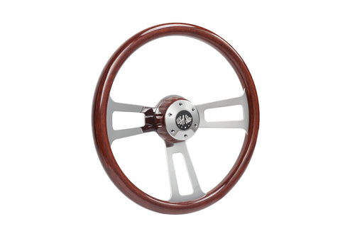 18” Steering Wheel Wood Chrome 3-Spoke w/ Slot Cut Outs Chrome Horn Button - Logo