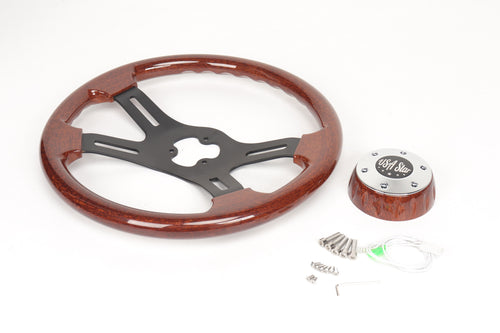18" Steering Wheel (Wood Black Spoke) 4-Spoke w/ Slot Cut Outs Chrome Horn Button Logo