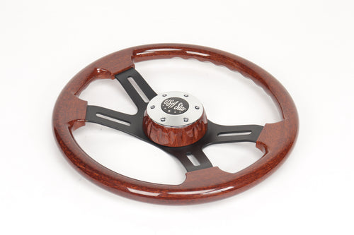 18" Steering Wheel (Wood Black Spoke) 4-Spoke w/ Slot Cut Outs Chrome Horn Button Logo