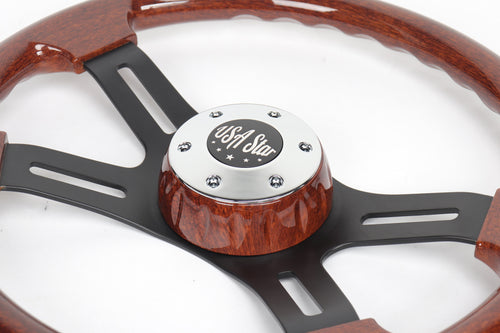 16" Steering Wheel (Wood Black SPOKE) Chrome 4-Spoke w/ Slot Cut Outs Chrome Horn Button - Logo