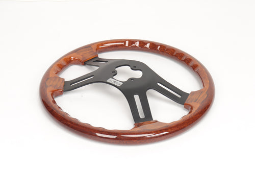 16" Steering Wheel (Wood Black SPOKE) Chrome 4-Spoke w/ Slot Cut Outs Chrome Horn Button - Logo