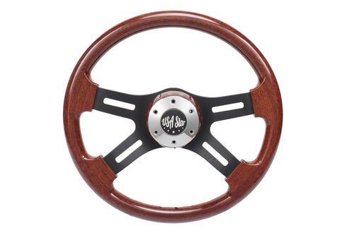18" Steering Wheel (Wood Black Spoke) 4-Spoke w/ Slot Cut Outs Chrome Horn Button Logo