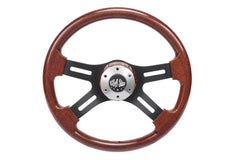 16" Steering Wheel (Wood Black SPOKE) Chrome 4-Spoke w/ Slot Cut Outs Chrome Horn Button - Logo