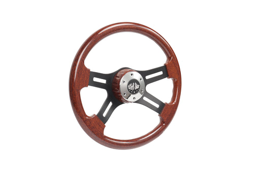 16" Steering Wheel (Wood Black SPOKE) Chrome 4-Spoke w/ Slot Cut Outs Chrome Horn Button - Logo