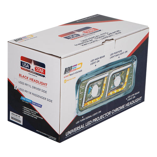 Chrome Projector LED Headlight Fits Freightliner Classic, Peterbilt, Kenworth & Western Star 4900