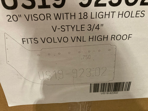 20" S.S V Style Visor With 16 - 3/4" Light Holes, (Lights Style Straight) Fits Volvo VNL High Roof