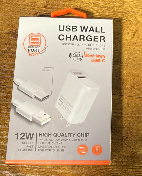 USB wall Charger, Reiko TypeC Portable Travel Home Charger 12w With Built in 5 Ft Cable in White