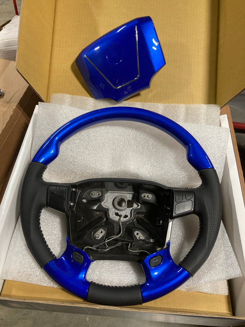 Steering Wheel Sport Luxury fits Volvo VNL 03-2017 with 2 Tone Design Light Custom Blue Viper And Leather Wrap