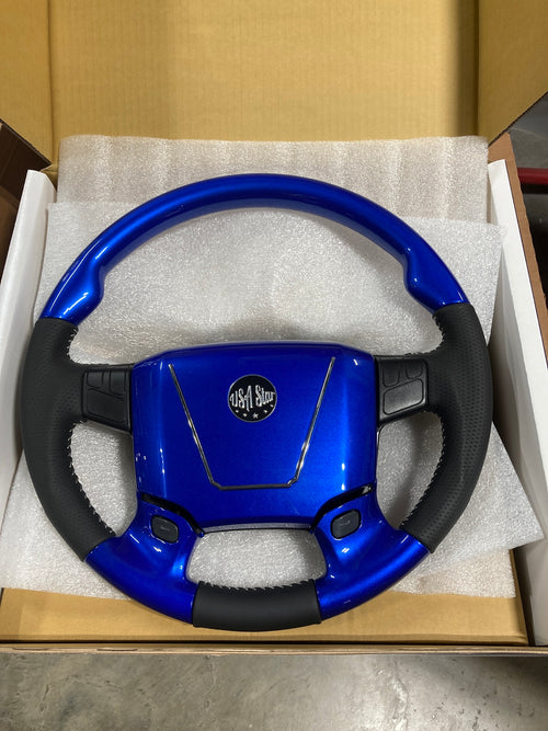 Steering Wheel Sport Luxury fits Volvo VNL 03-2017 with 2 Tone Design Light Custom Blue Viper And Leather Wrap