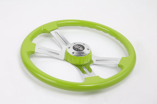 18” Steering Wheel Green Chrome 4-Spoke w/ Slot Cut Outs Chrome Horn Button - Logo