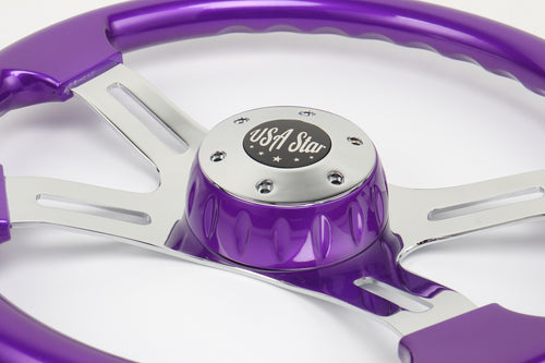 16" Steering Wheel Purple Chrome 4-Spoke w/ Slot Cut Outs Chrome Horn Button - Logo