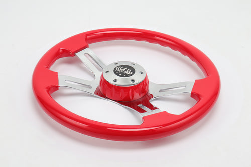 18” Steering Wheel Red Chrome 4-Spoke w/ Slot Cut Outs Chrome Horn Button Logo
