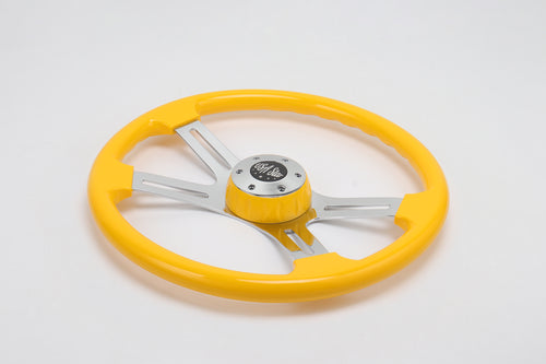 16" Steering Wheel Yellow Chrome 4-Spoke w/ Slot Cut Outs Chrome Horn Button Logo