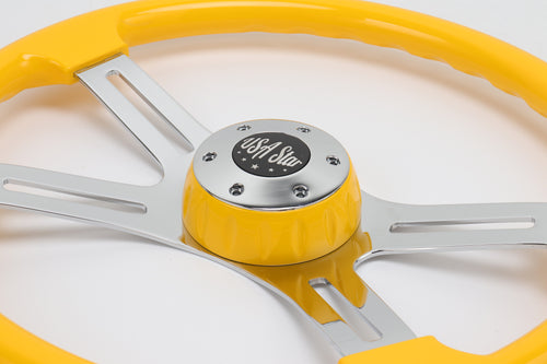 16" Steering Wheel Yellow Chrome 4-Spoke w/ Slot Cut Outs Chrome Horn Button Logo
