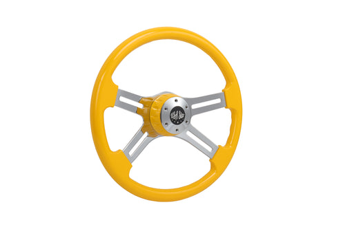 16" Steering Wheel Yellow Chrome 4-Spoke w/ Slot Cut Outs Chrome Horn Button Logo