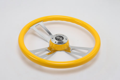 18” Steering Wheel Yellow Chrome 3-Spoke w/ Slot Cut Outs Chrome Horn Button - Logo