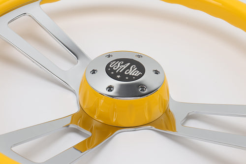 18” Steering Wheel Yellow Chrome 3-Spoke w/ Slot Cut Outs Chrome Horn Button - Logo