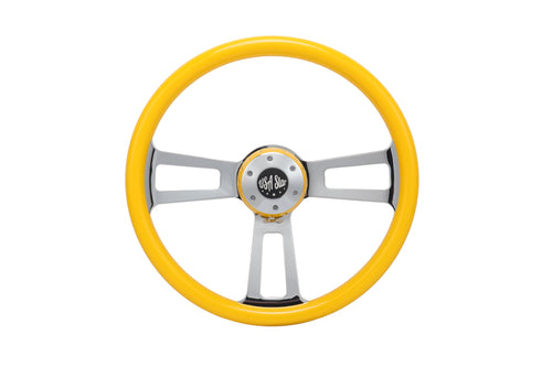 18” Steering Wheel Yellow Chrome 3-Spoke w/ Slot Cut Outs Chrome Horn Button - Logo