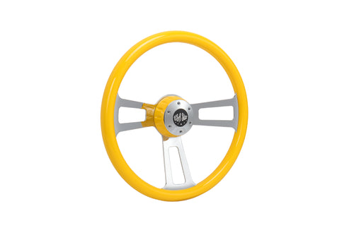 18” Steering Wheel Yellow Chrome 3-Spoke w/ Slot Cut Outs Chrome Horn Button - Logo