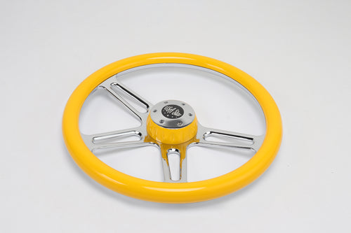 18” Steering Wheel Yellow Chrome 4-Spoke w/ Slot Cut Outs Chrome Horn Button - Logo